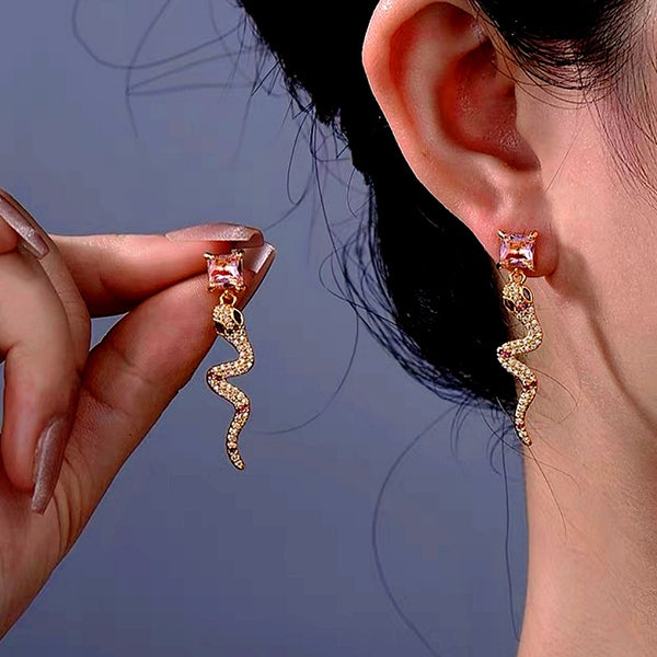 14K Gold-Plated Zircon Pink Diamond Snake Earrings