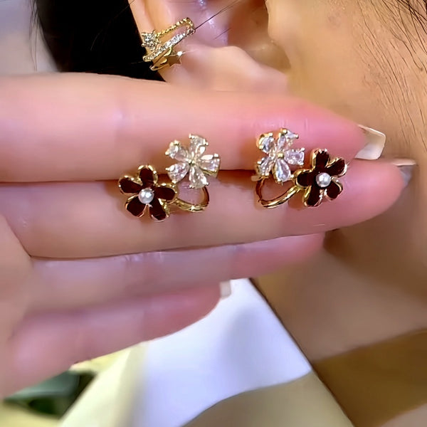 14K Gold-Plated Zircon Red Flower Earrings