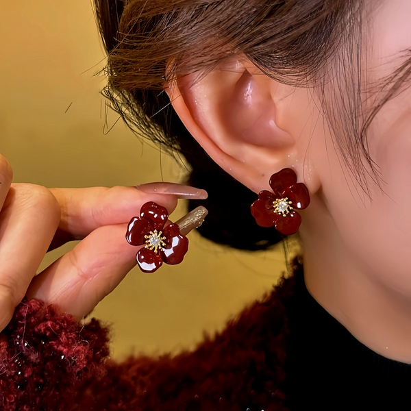 14K Gold-Plated Zircon Red Glaze Flower Stud Earrings