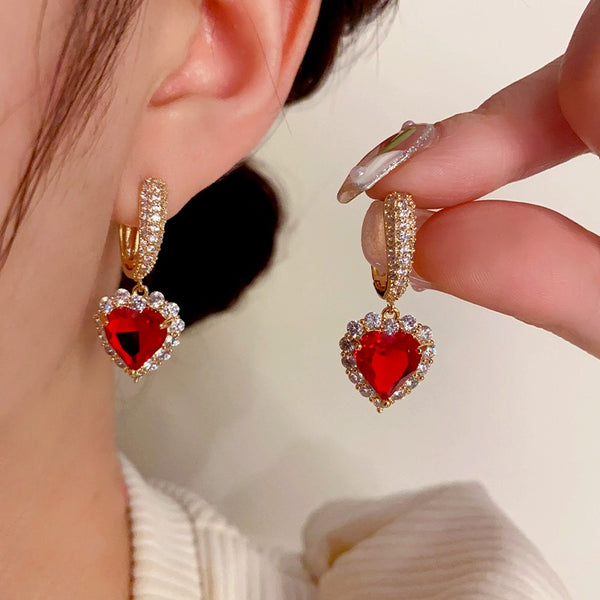 14K Gold-Plated Zircon Red Heart Earrings