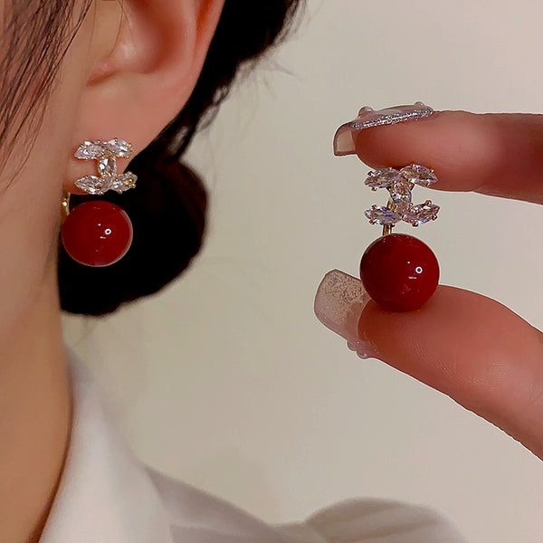 14K Gold-Plated Zircon Red Pearl Earrings