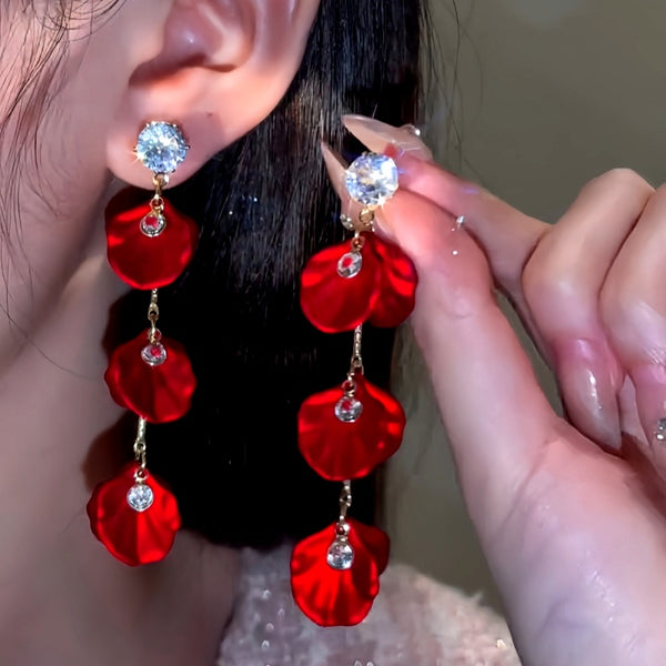 14K Gold-Plated Zircon Red Petal Earrings