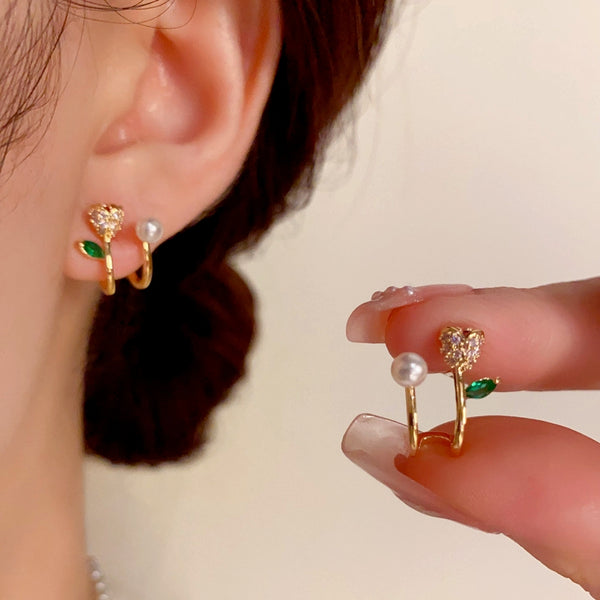 14K Gold-Plated Zircon Rose Pearl Earrings