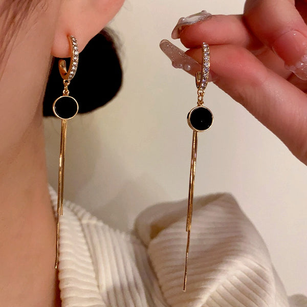 14K Gold-Plated Zircon Round Plate Tassel Earrings