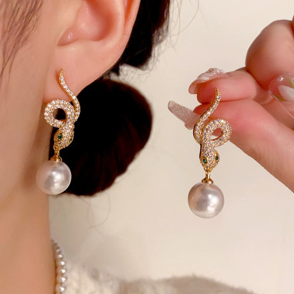 14K Gold-Plated Zircon Snake-Shaped Pearl Earrings