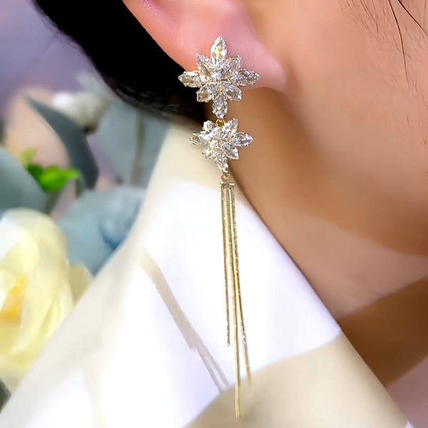 14K Gold-Plated Zircon Snowflake Long Tassel Earrings