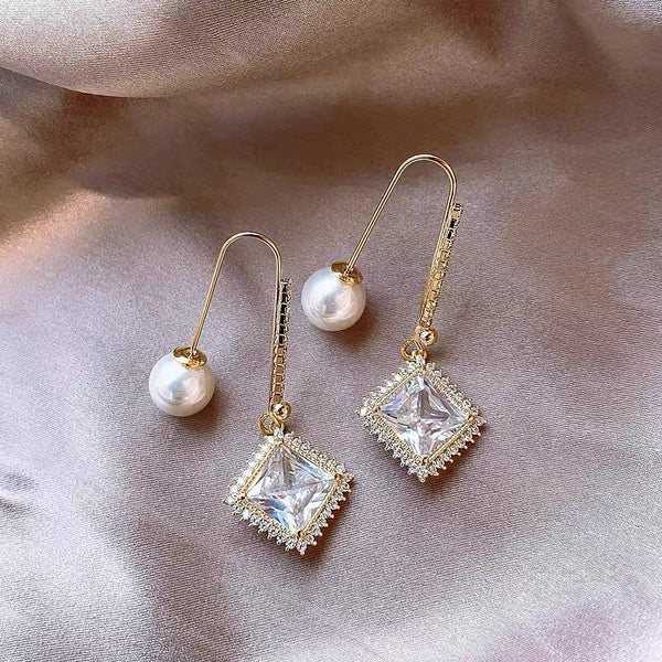 14K Gold-Plated Zircon Square Pearl Earrings