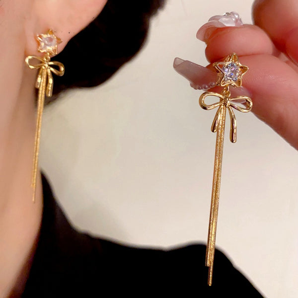 14K Gold-Plated Zircon Star Bow Tassel Earrings