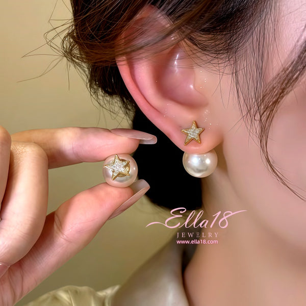 14K Gold-Plated Zircon Star Pearl Earrings