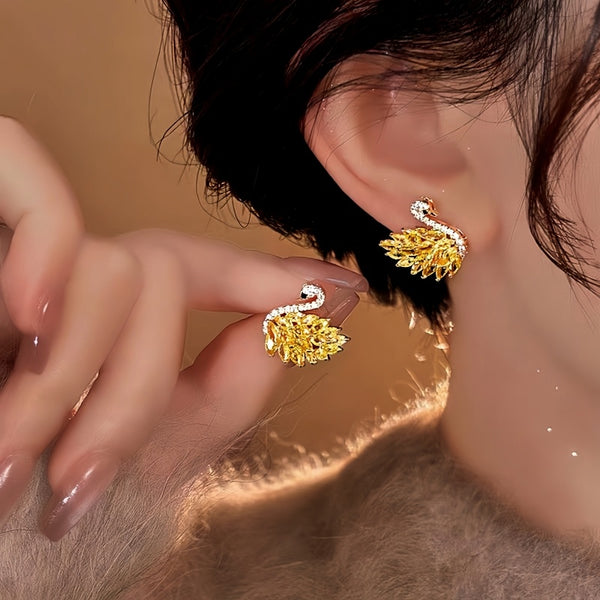 14K Gold-Plated Zircon Swan Stud Earrings