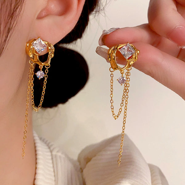 18K Gold-Plated Zircon Tassel Earrings