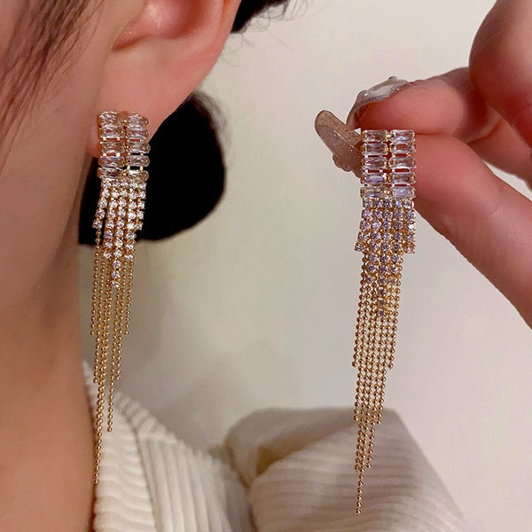 14K Gold-Plated Zircon Tassel Earrings