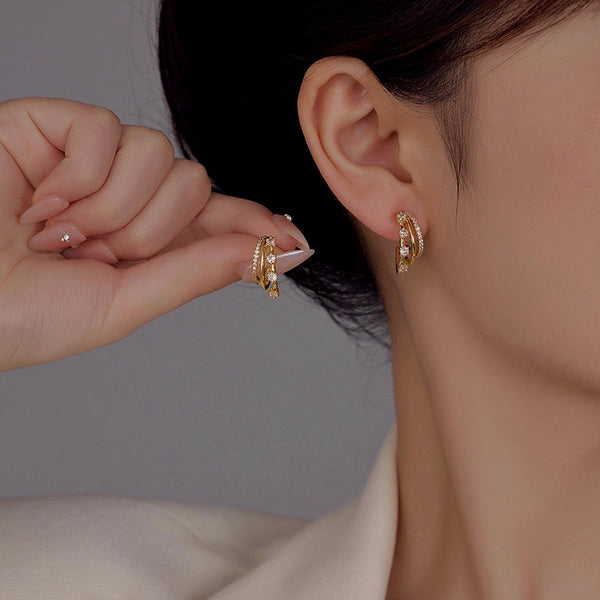 14K Gold-Plated Zircon Three-Layer Earrings