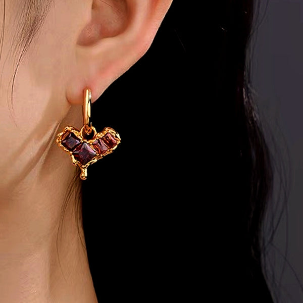 14K Gold-Plated Zircon Wine Red Heart Earrings