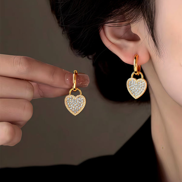 14K Gold-Plated Zircon Diamond Heart Earrings