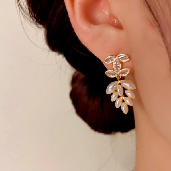 14K Gold-Plated Zircon letter Wheat Ear pearl Earrings