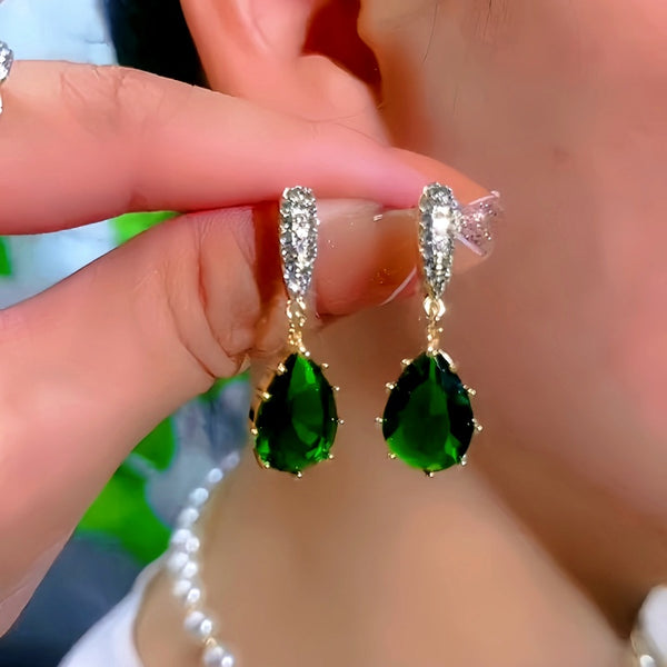 14K Gold-Plated luxury Zircon Green Crystal Drop Earrings