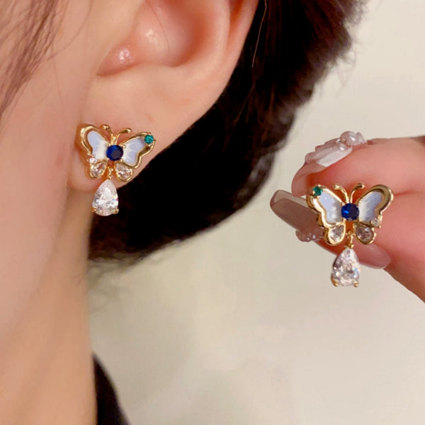 14K Gold-Plated Zircon Water Drop Butterfly Earrings