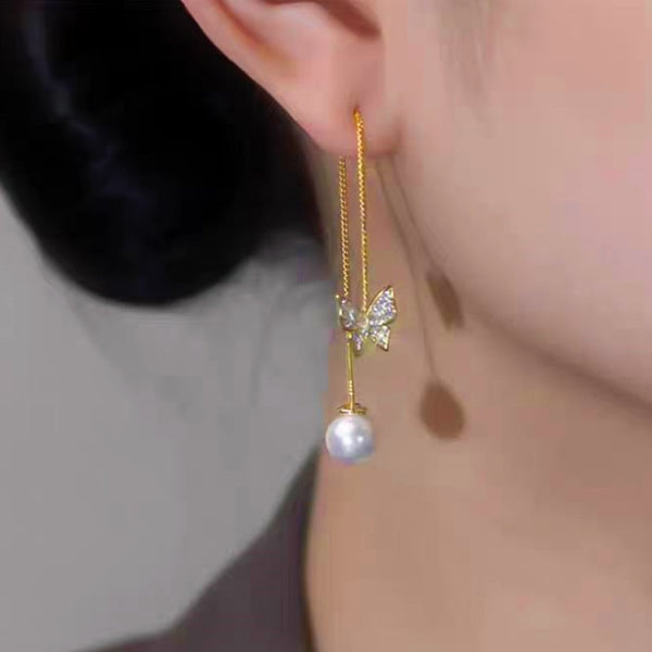 14K Gold-plated Artificial Pearl Butterfly Threader Earrings