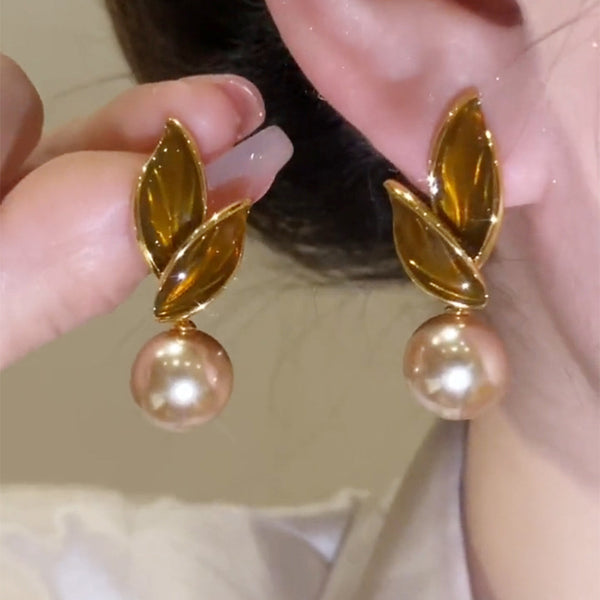 14K Gold-plated Artificial Pearl Leaf Earrings