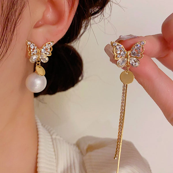 14K Gold-plated Asymmetric Zircon Butterfly Pearl Earrings