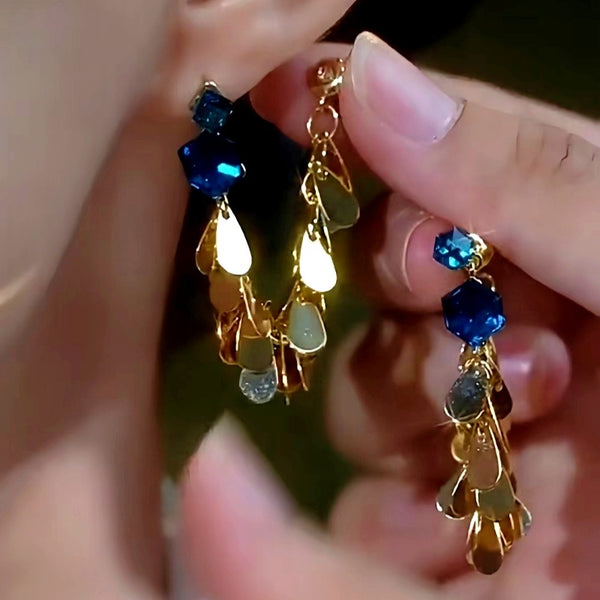 14K Gold-plated Blue Crystal Tassel Earrings