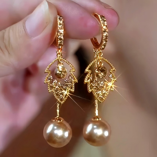 14K Gold-plated Brown Zircon Leaf Pearl Earrings