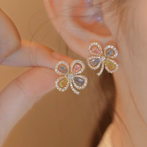 14K Gold-plated Colorful Four-Leaf Flower Diamond Stud Earrings
