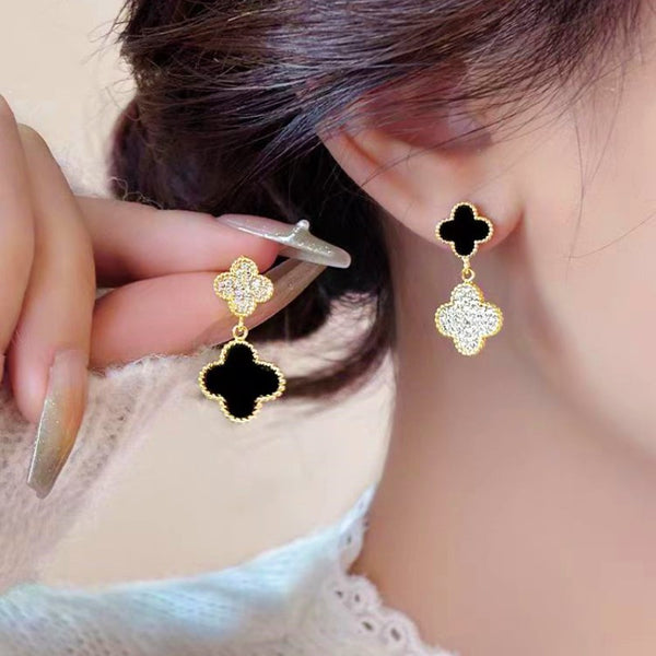 14K Gold-plated Diamond Four-Leaf Clover Black And White Earrings