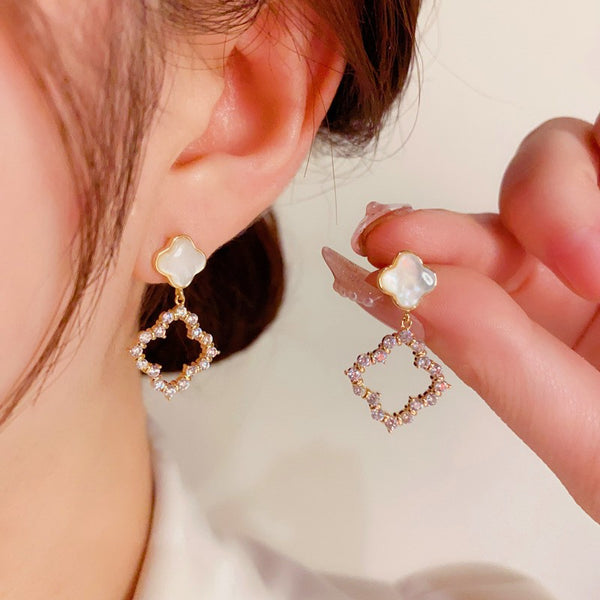 14K Gold-plated Diamond Hollow Four-Leaf Flower Earrings