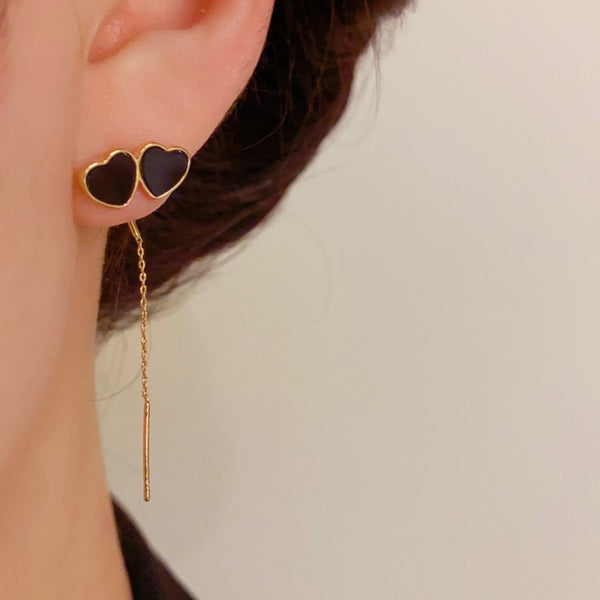 14K Gold-plated Double Black Heart Threader Earrings