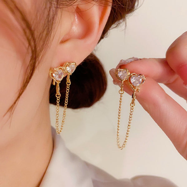 14K Gold-plated Double Heart Chain Earrings