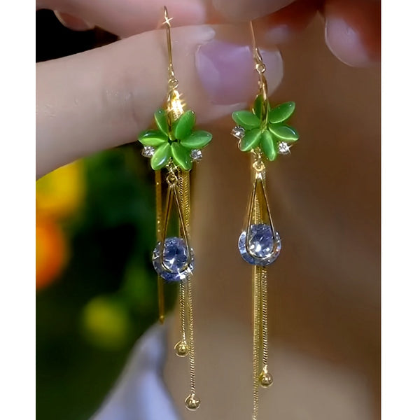 14K Gold-plated Elegant Green Opal Flower Threader Earrings