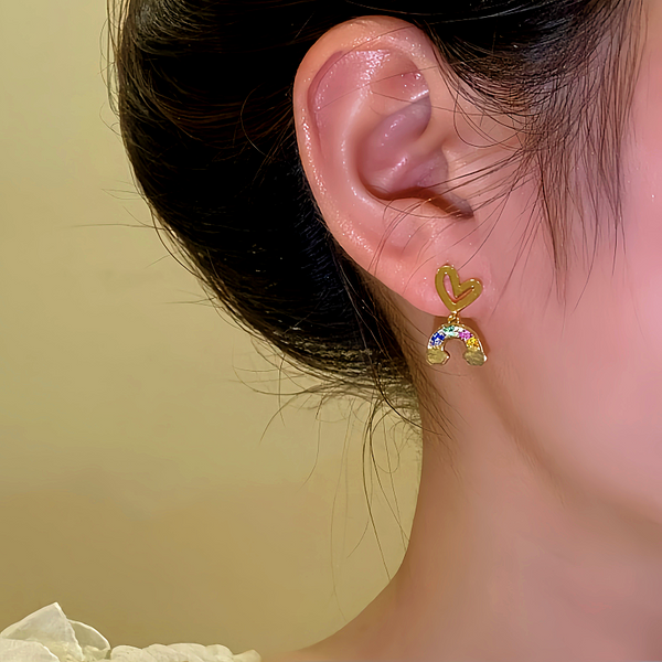 14K Gold-plated Elegant Heart-Design Rainbow Earrings