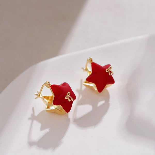 14K Gold-plated Elegant Red Star Bow Stud Earrings