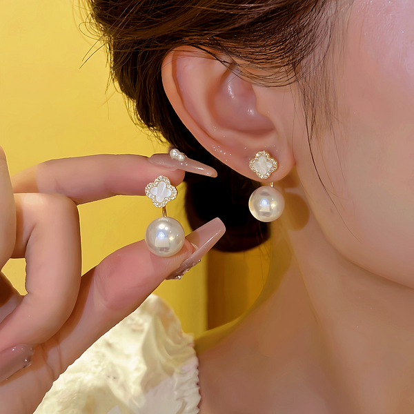 14K Gold-plated Elegant Two-Piece Four-Leaf Clover Pearl Earrings