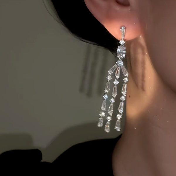 14K Gold-plated Elegant Zircon Long Tassel Earrings