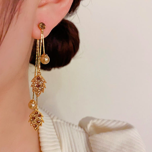 14K Gold-plated Exquisite Brown Zircon Leaf Earrings