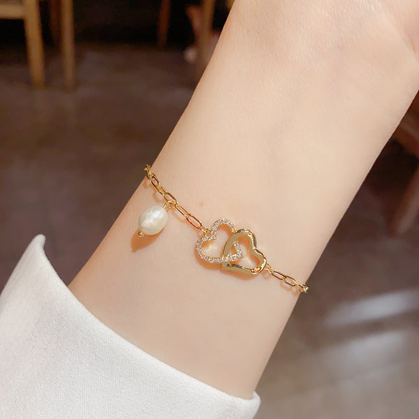 14K Gold-plated Exquisite Double Love Heart Pearl Bracelets