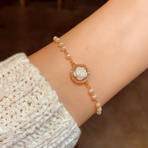 14K Gold-plated Exquisite Zircon Flower Hoop Pearl Adjustable Bracelets