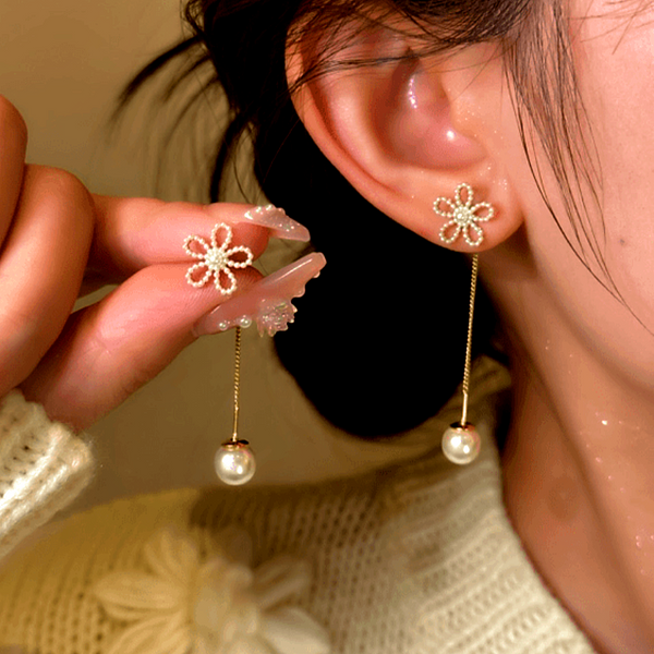 14K Gold-plated Flower Pearl Threader Tassel Earrings