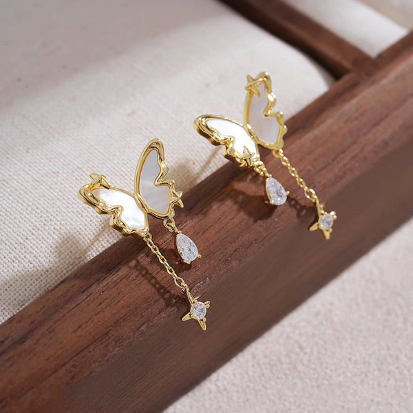 14K Gold-plated Gorgeous Super Fairy White Mother-Of-Pearl Star Butterfly Earrings