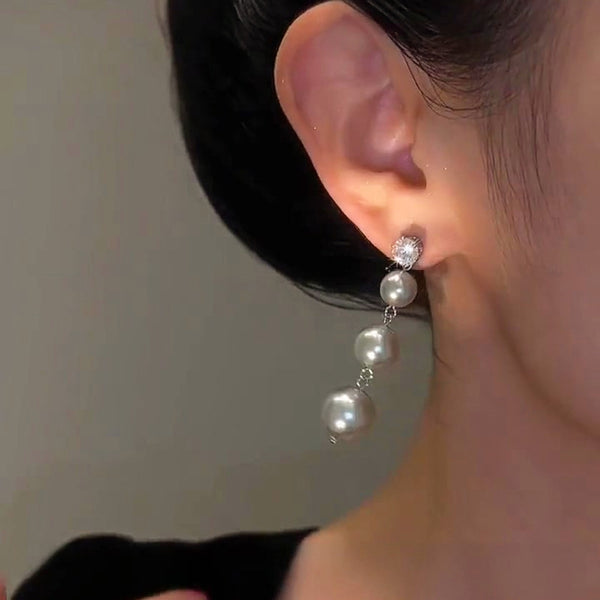 14K Gold-plated Gray Pearl Zircon Long Earrings