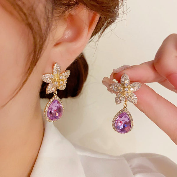 14K Gold-plated Micro-Paved Flower Drop Earrings