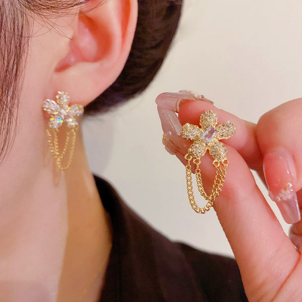 14K Gold-plated Pearl Zircon Flower Chain Earrings