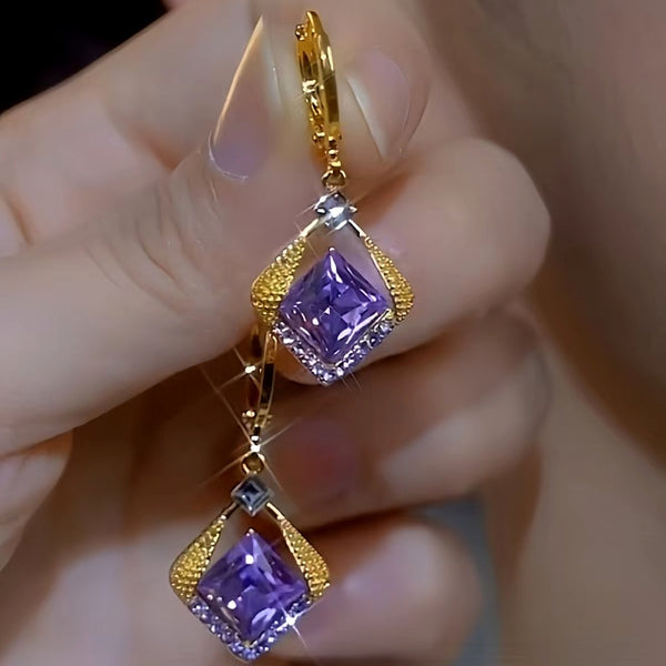 14K Gold-plated Purple Crystal Diamond Earrings