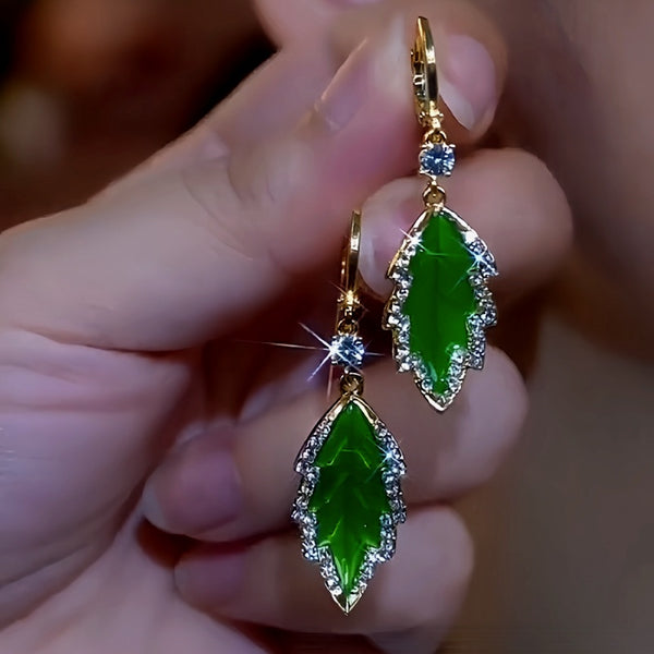 14K Gold-plated Trendy Elegant Green Leaf Earrings