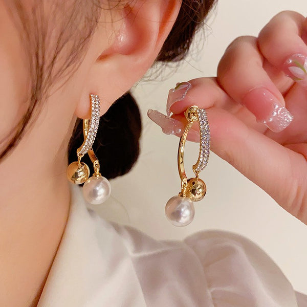 14K Gold-plated Zircon Artificial Pearl Earrings
