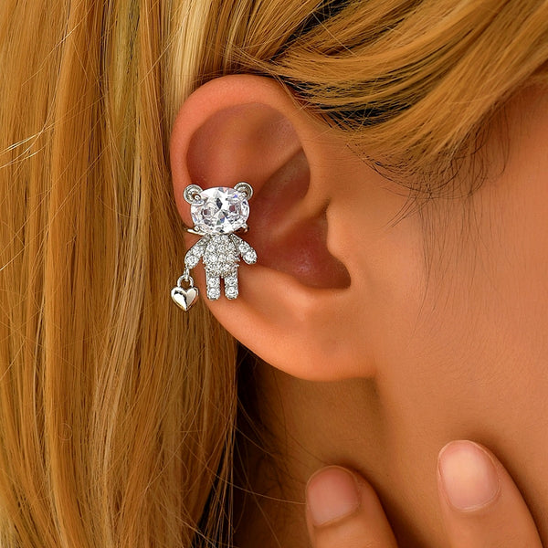 14K Gold-plated Zircon Bear Heart Ear Clips (1 Piece)