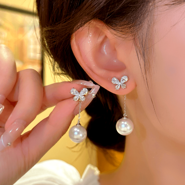 14K Gold-plated Zircon Butterfly And Pearl Earrings